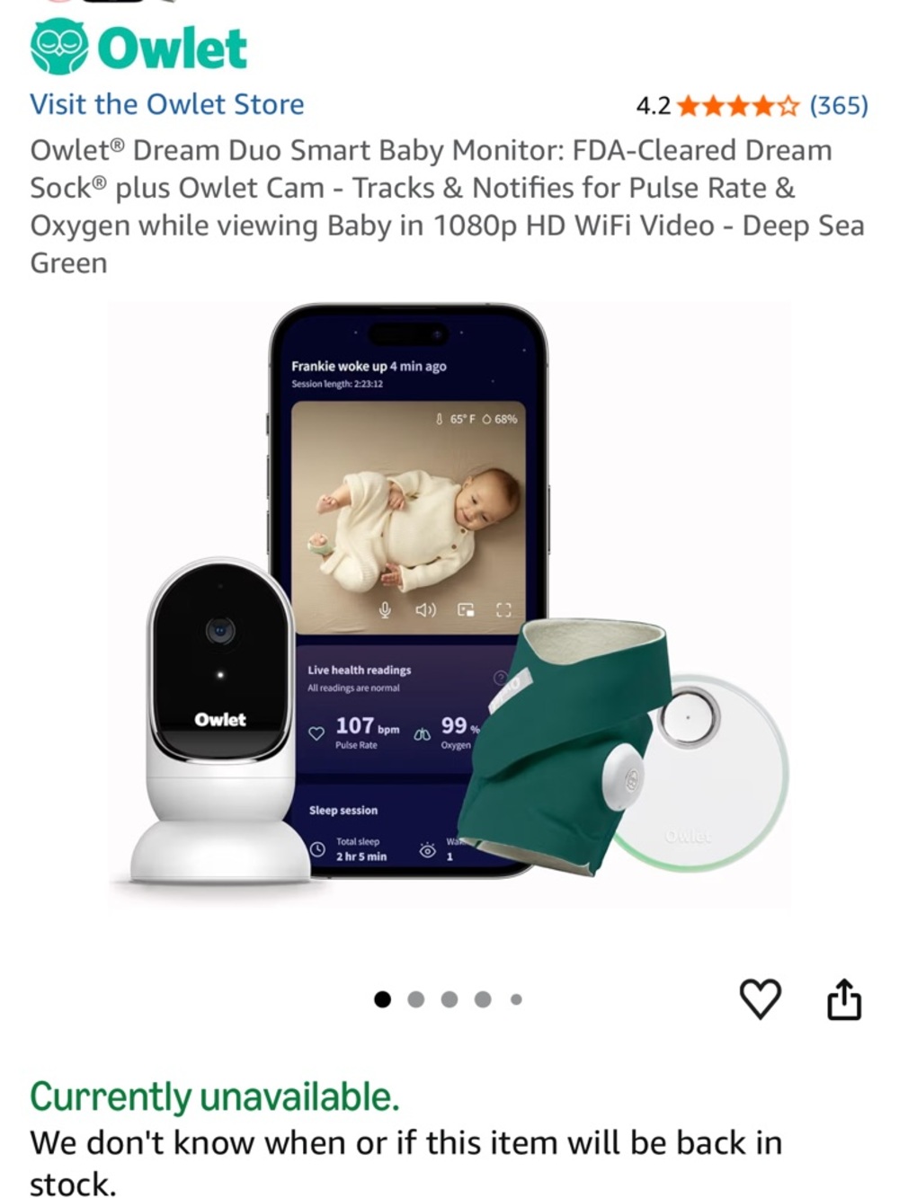 Owlet Dream Sock Baby Sleep Monitor and Camera - Teal/Blue - Picture 4 of 5
